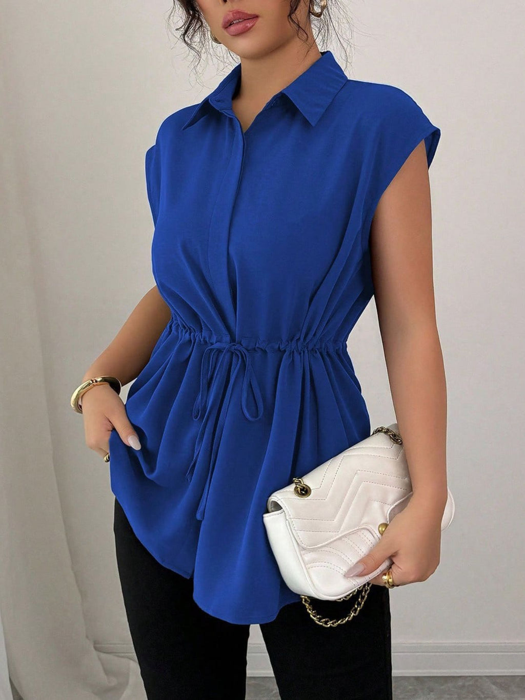 Drawstring waist cap sleeve shirt