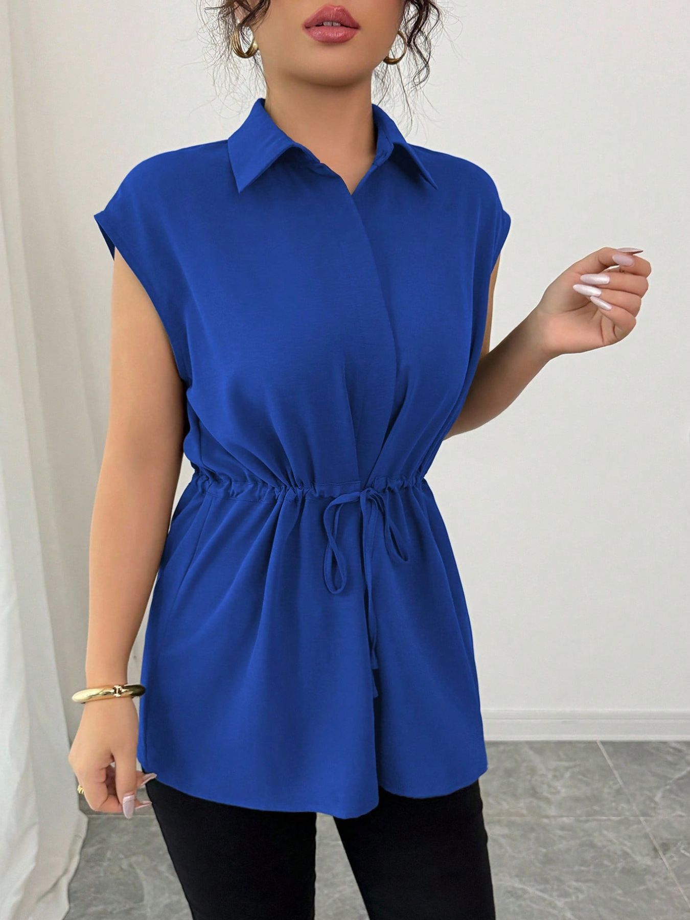Drawstring waist cap sleeve shirt