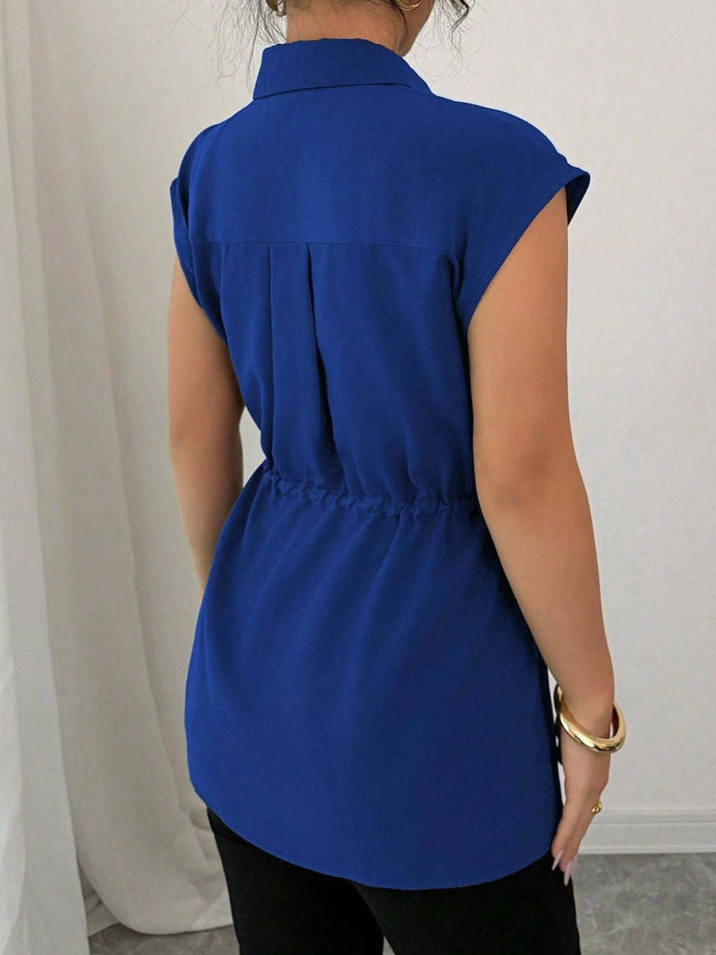 Drawstring waist cap sleeve shirt