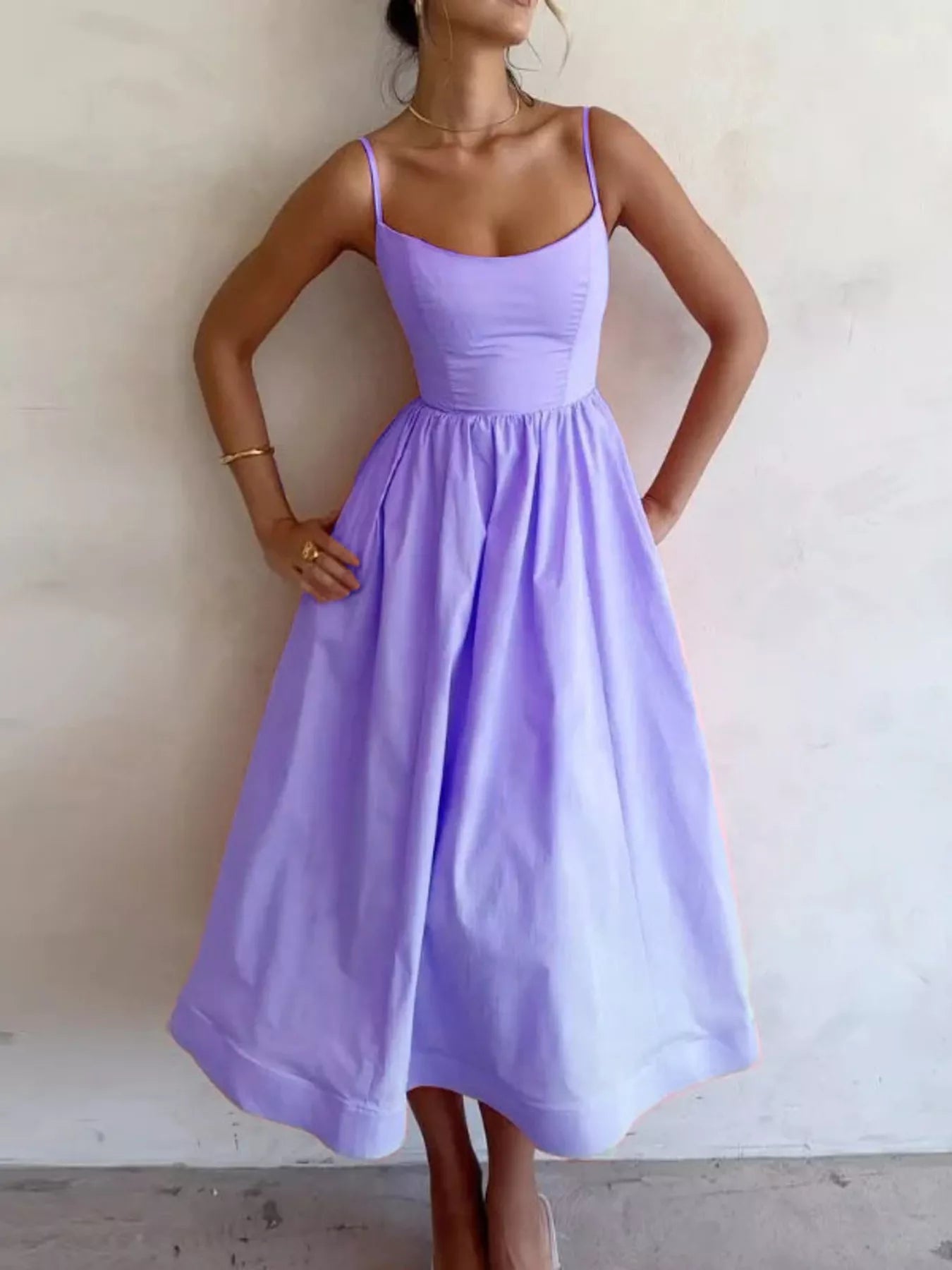 Adjustable Strap Scoop Neck Midi Dress - Godess beauty  #