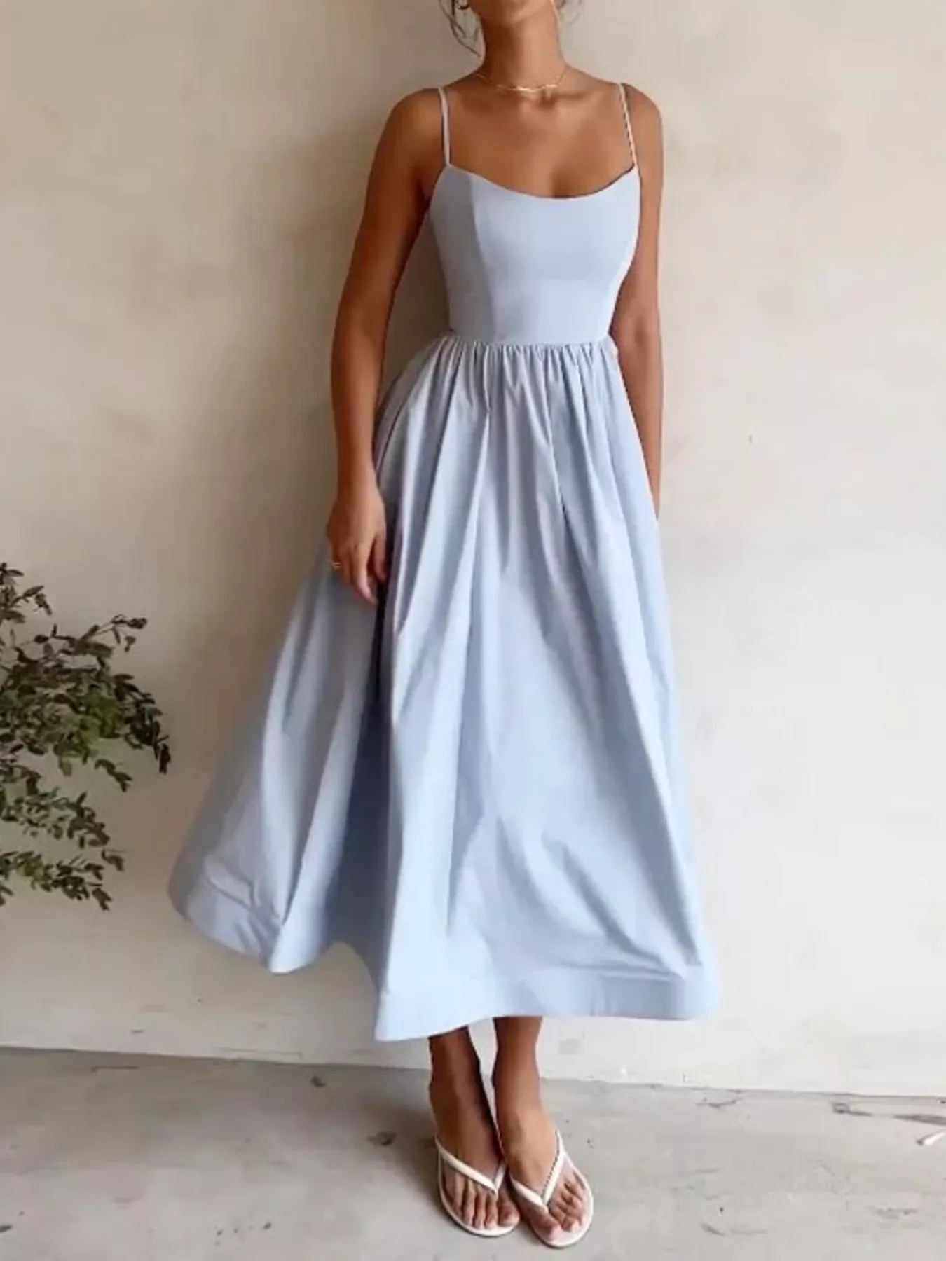 Adjustable Strap Scoop Neck Midi Dress - Godess beauty  #