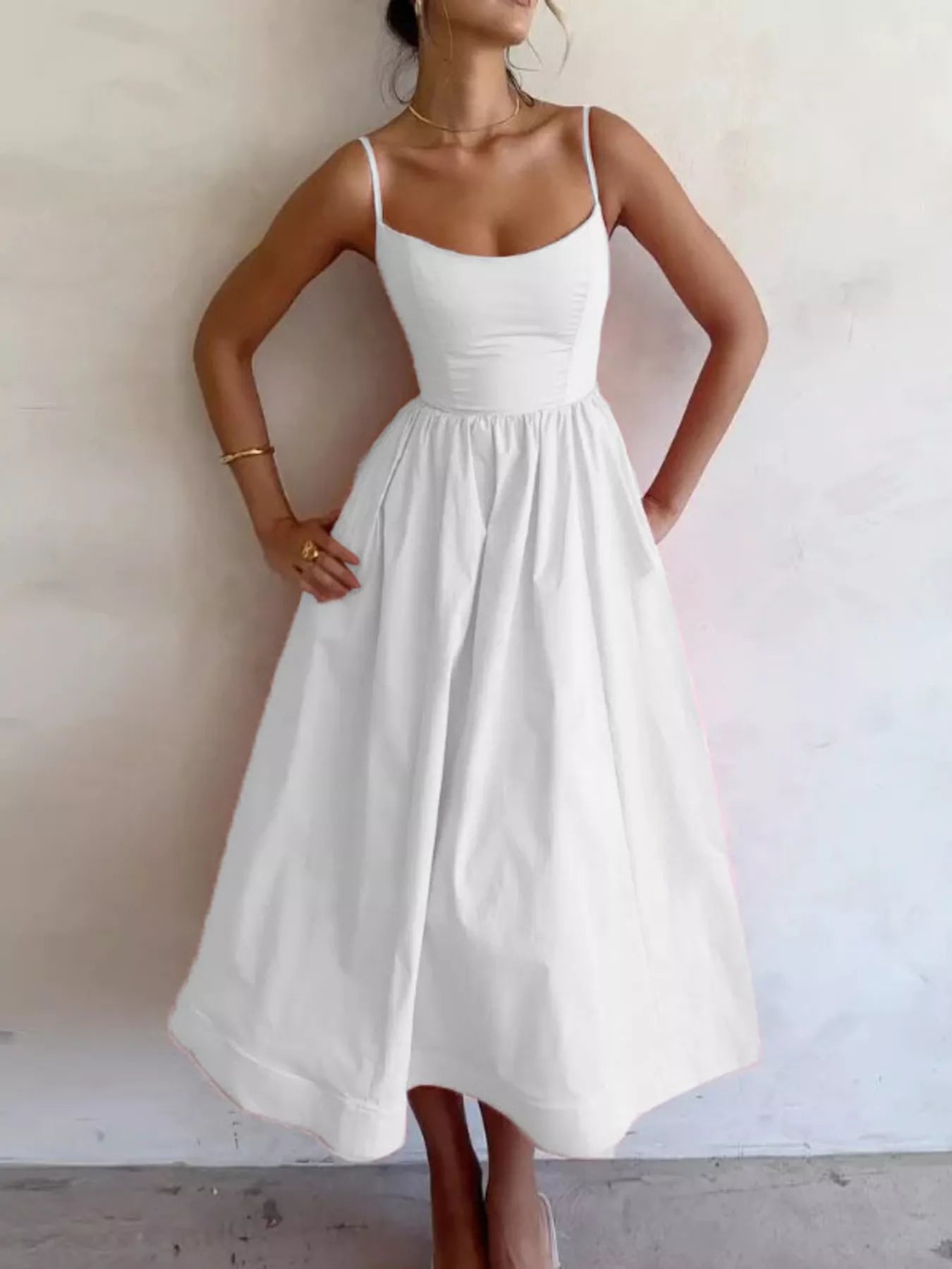 Adjustable Strap Scoop Neck Midi Dress - Godess beauty  #