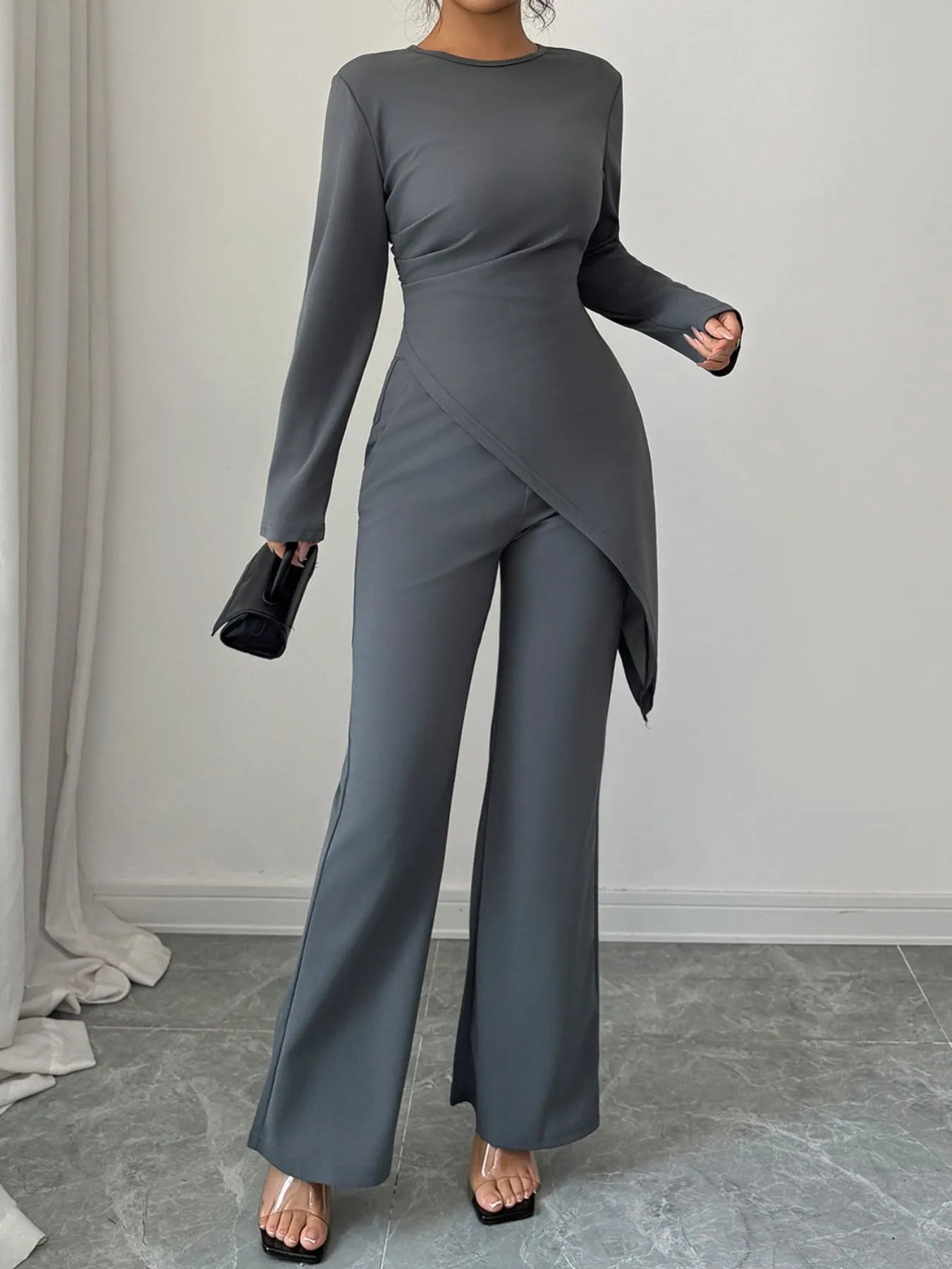 Asymmetric Long Sleeve Top and Pants Set - Godess beauty  #