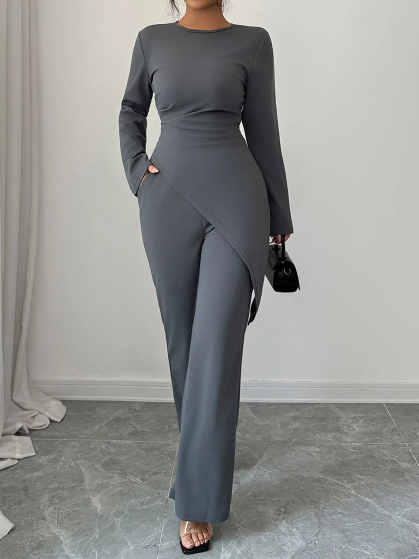 Asymmetric Long Sleeve Top and Pants Set - Godess beauty  #