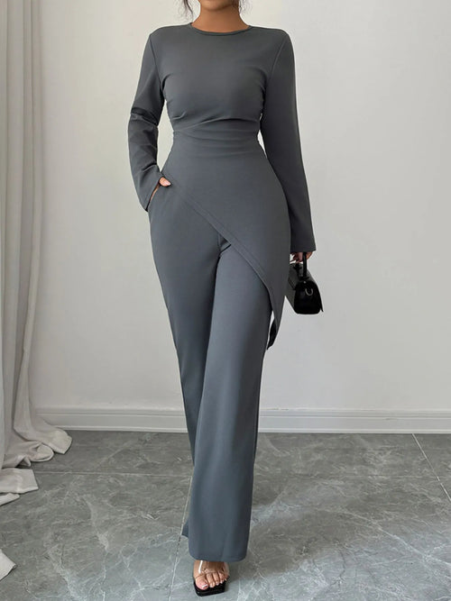 Asymmetric Long Sleeve Top and Pants Set - Godess beauty  #