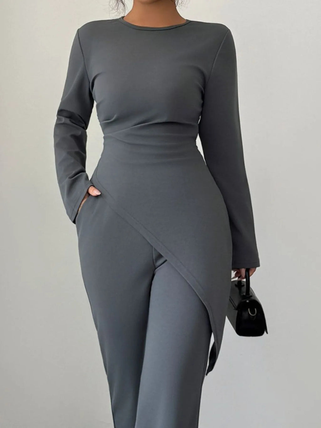 Asymmetric Long Sleeve Top and Pants Set - Godess beauty  #