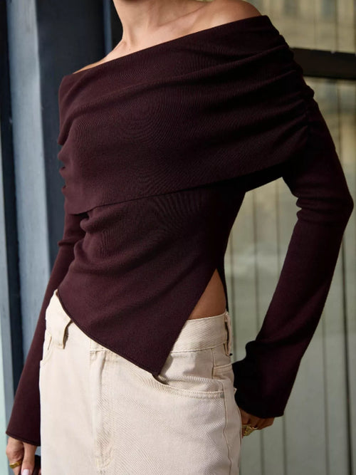Asymmetrical Hem Off-Shoulder Long Sleeve Knit Top - Godess Beauty  #