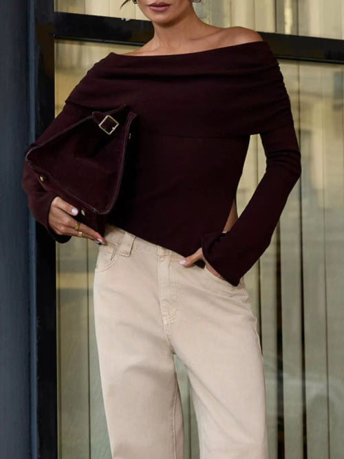 Asymmetrical Hem Off-Shoulder Long Sleeve Knit Top - Godess Beauty  #