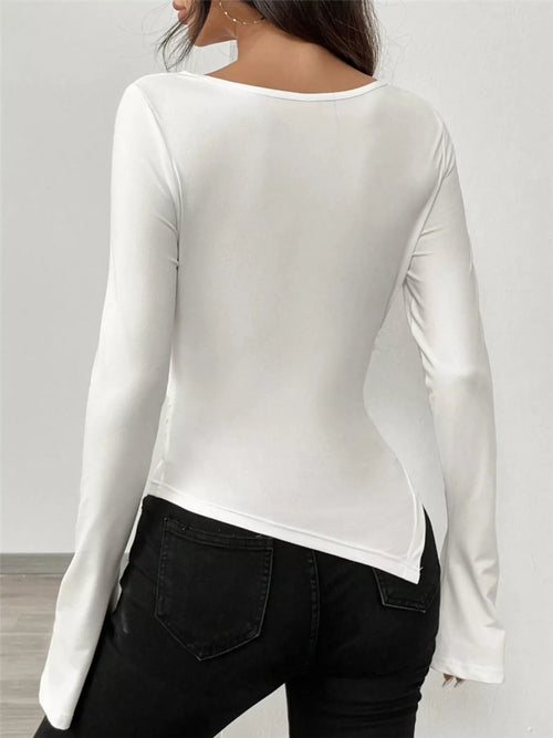 Asymmetrical Long Sleeve Fitted T-Shirt - Godess beauty  #