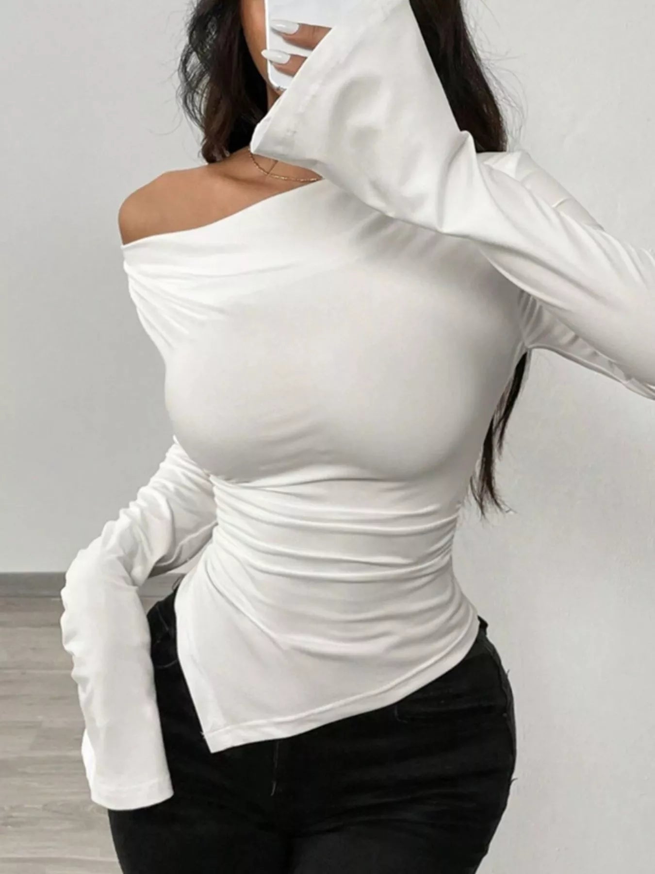 Asymmetrical Long Sleeve Fitted T-Shirt - Godess beauty  #