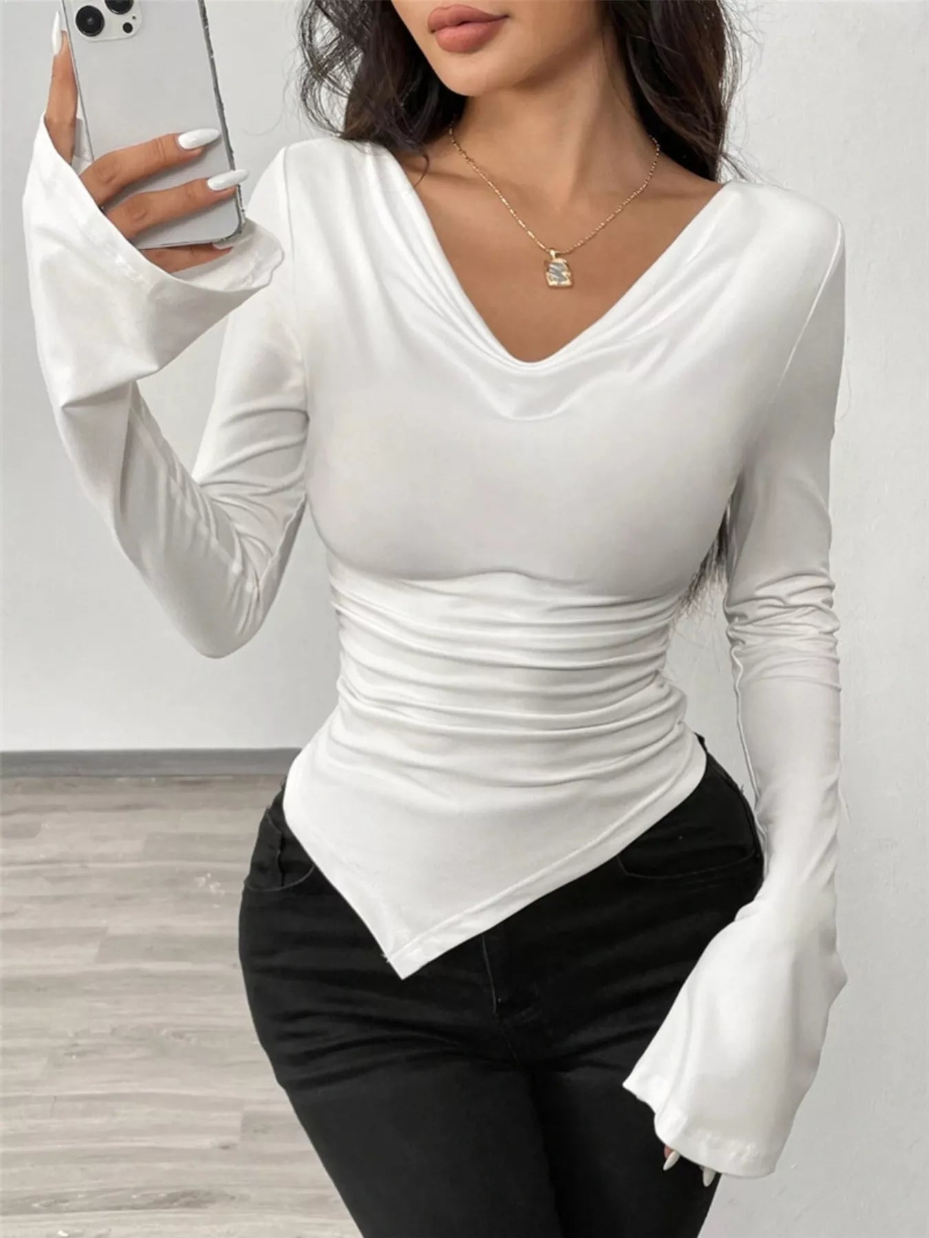 Asymmetrical Long Sleeve Fitted T-Shirt - Godess beauty  #