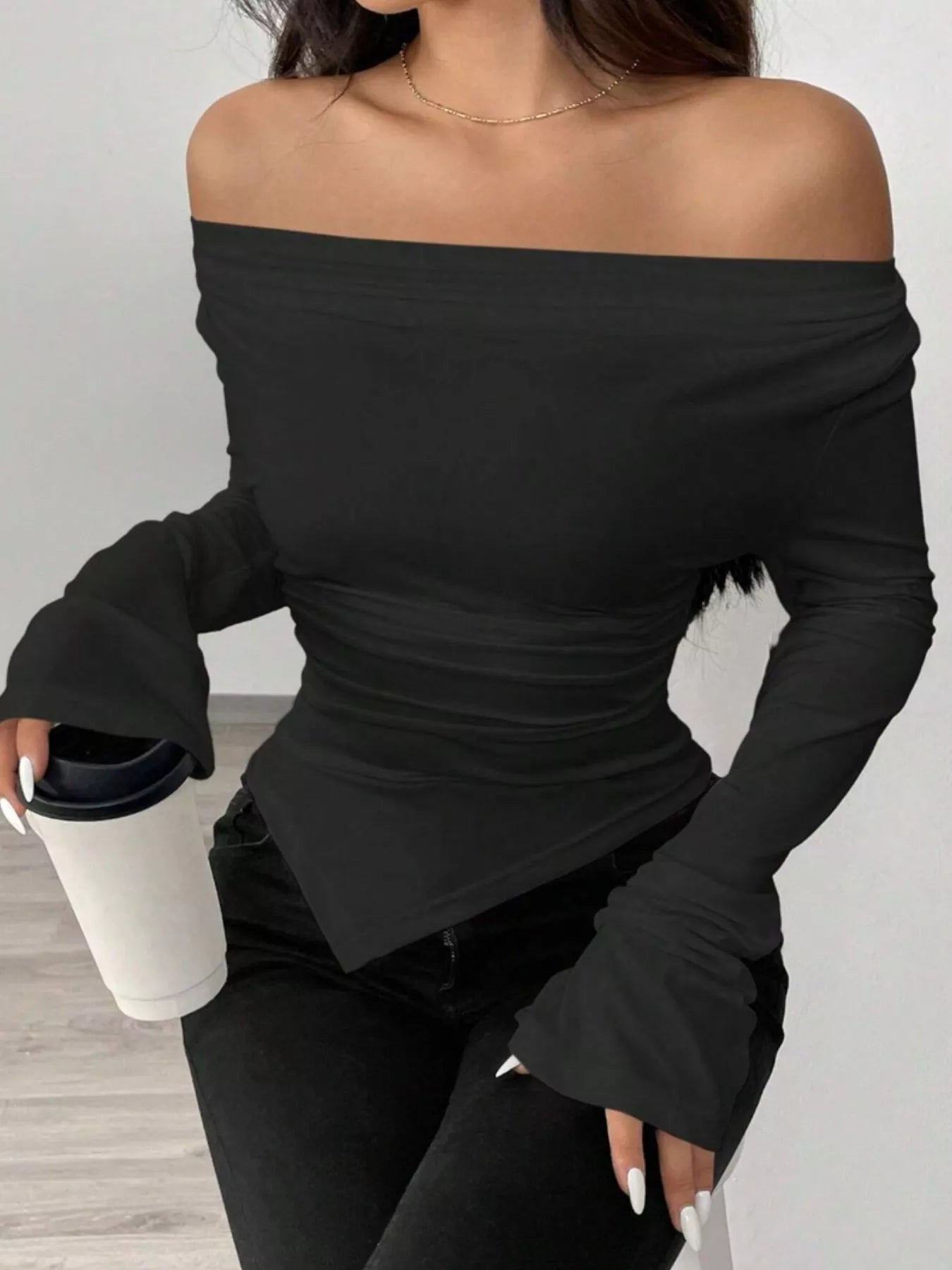 Asymmetrical Long Sleeve Fitted T-Shirt - Godess beauty  #