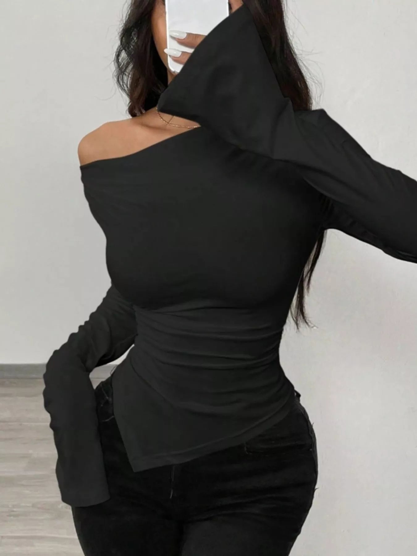 Asymmetrical Long Sleeve Fitted T-Shirt - Godess beauty  #