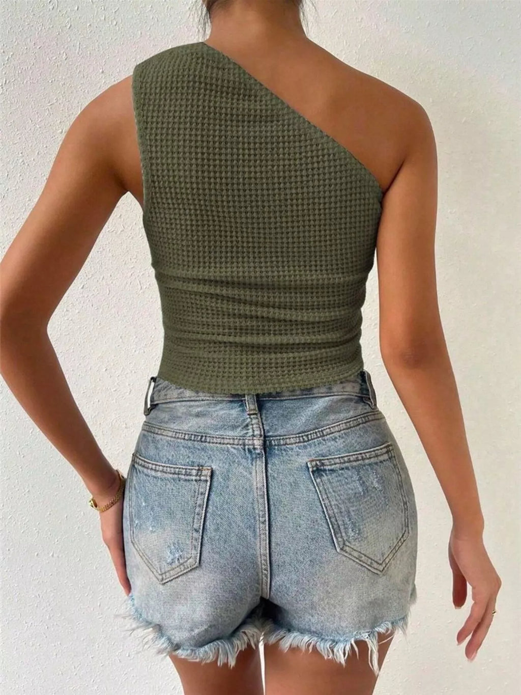 Asymmetrical One-Shoulder Waffle Knit Tank - Godess beauty  #