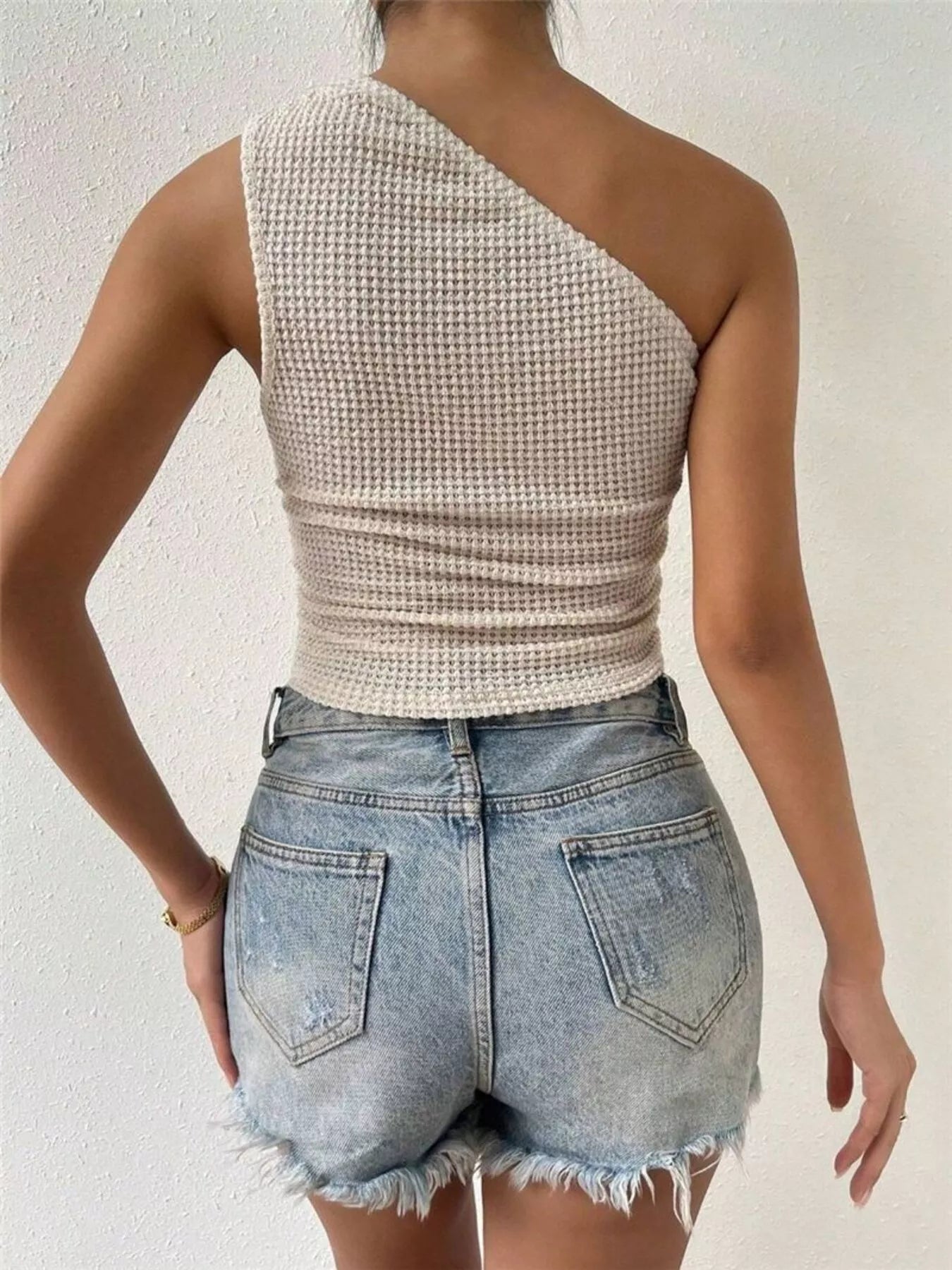 Asymmetrical One-Shoulder Waffle Knit Tank - Godess beauty  #