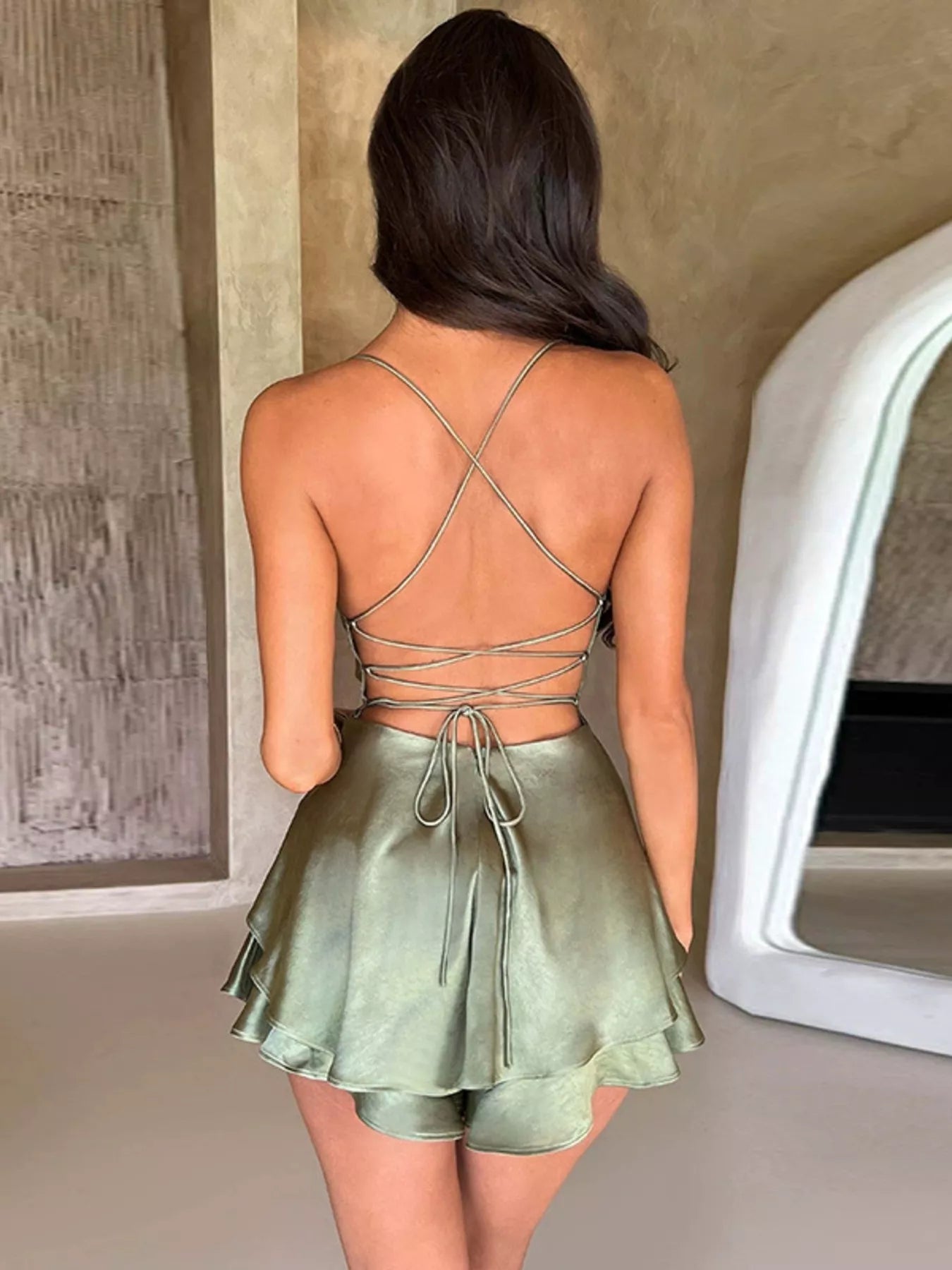 Backless layered ruffled cami dress - Godess beauty  #