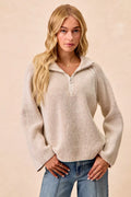 BiBi Two Tone Rib Texured Knit Collared Top with Zip Up - Godess beauty  #
