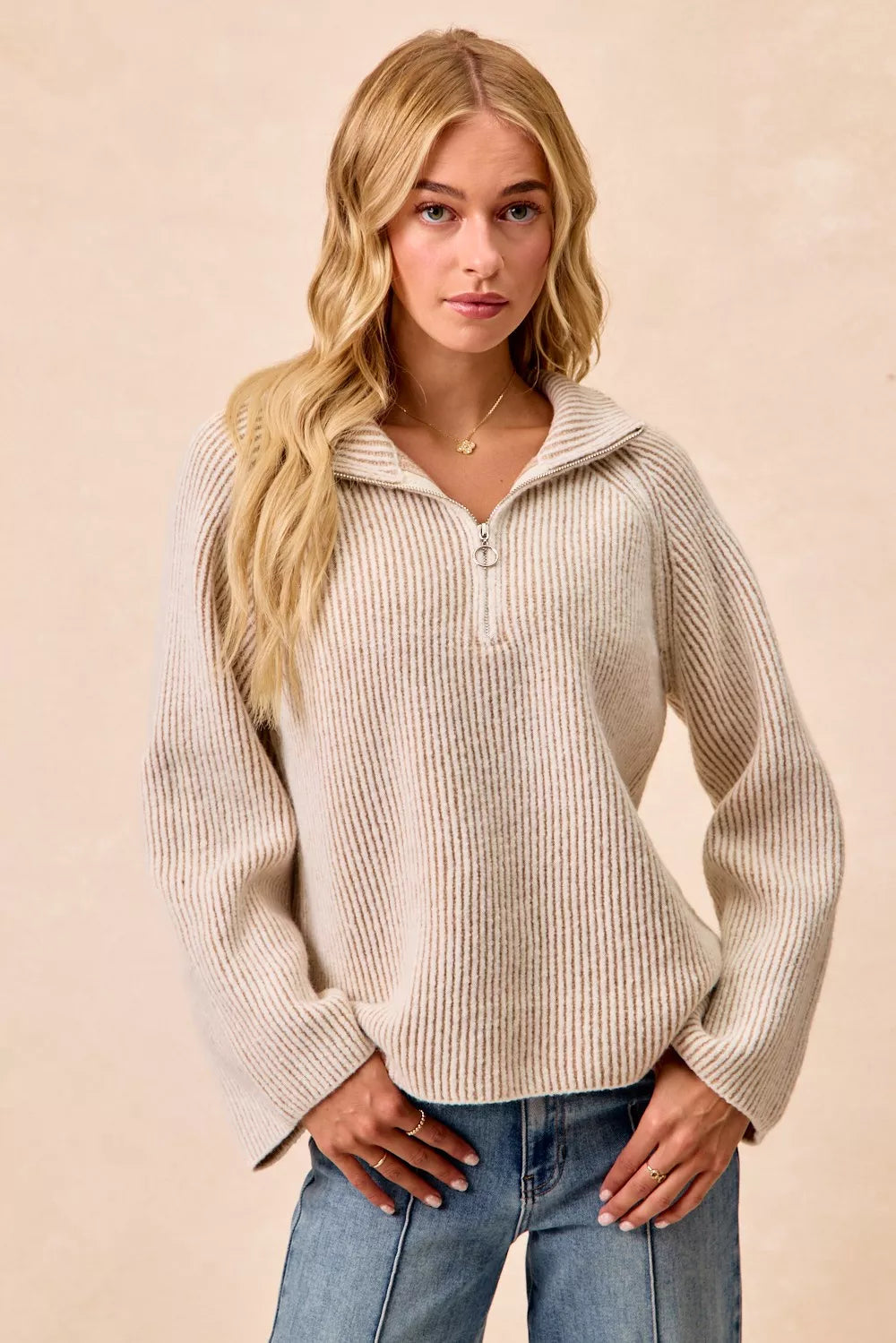 BiBi Two Tone Rib Texured Knit Collared Top with Zip Up - Godess beauty  #