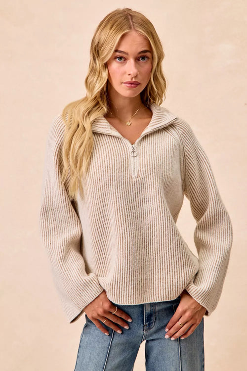 BiBi Two Tone Rib Texured Knit Collared Top with Zip Up - Godess beauty  #