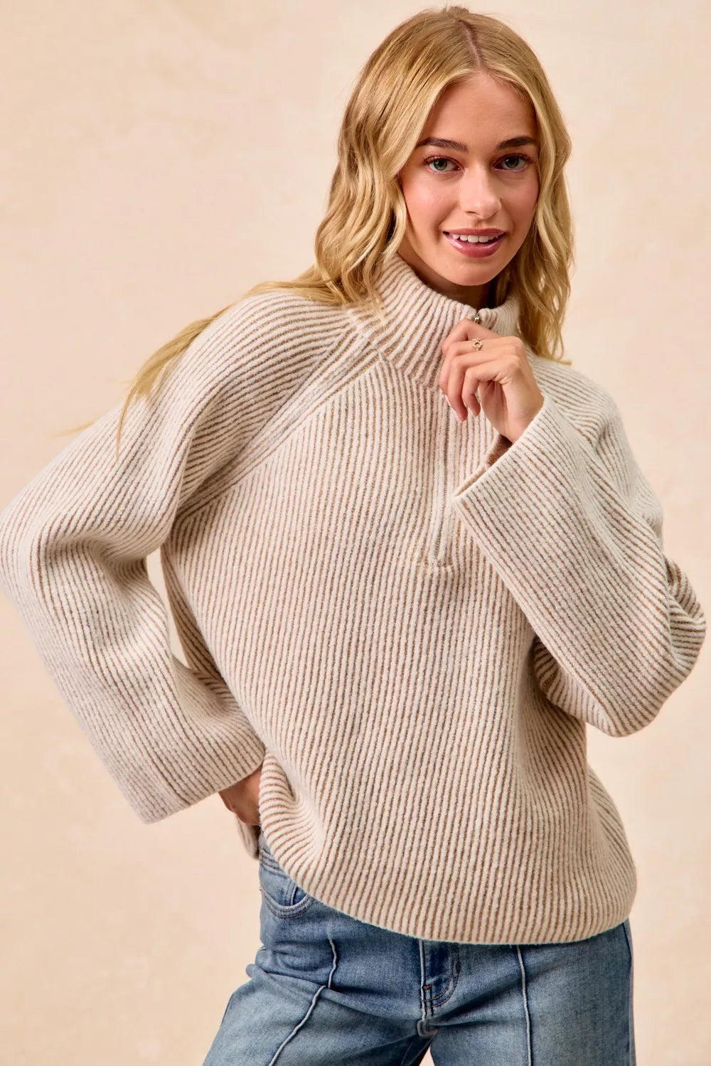 BiBi Two Tone Rib Texured Knit Collared Top with Zip Up - Godess beauty  #