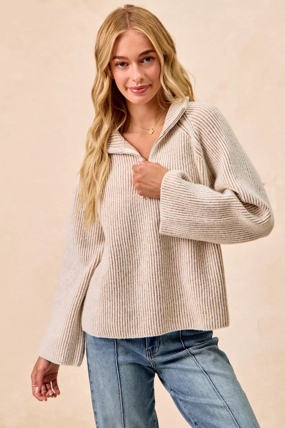 BiBi Two Tone Rib Texured Knit Collared Top with Zip Up - Godess beauty  #