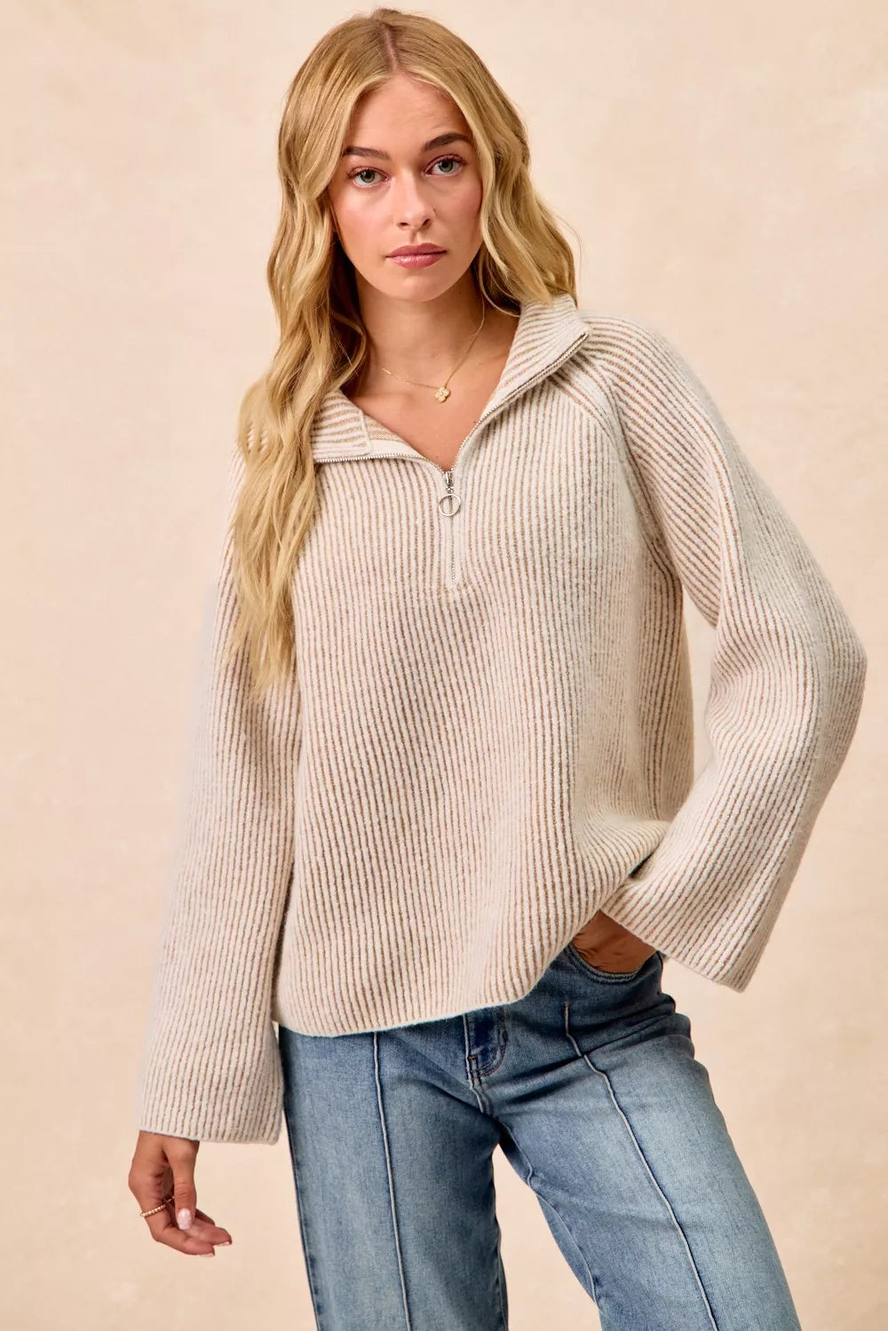 BiBi Two Tone Rib Texured Knit Collared Top with Zip Up - Godess beauty  #