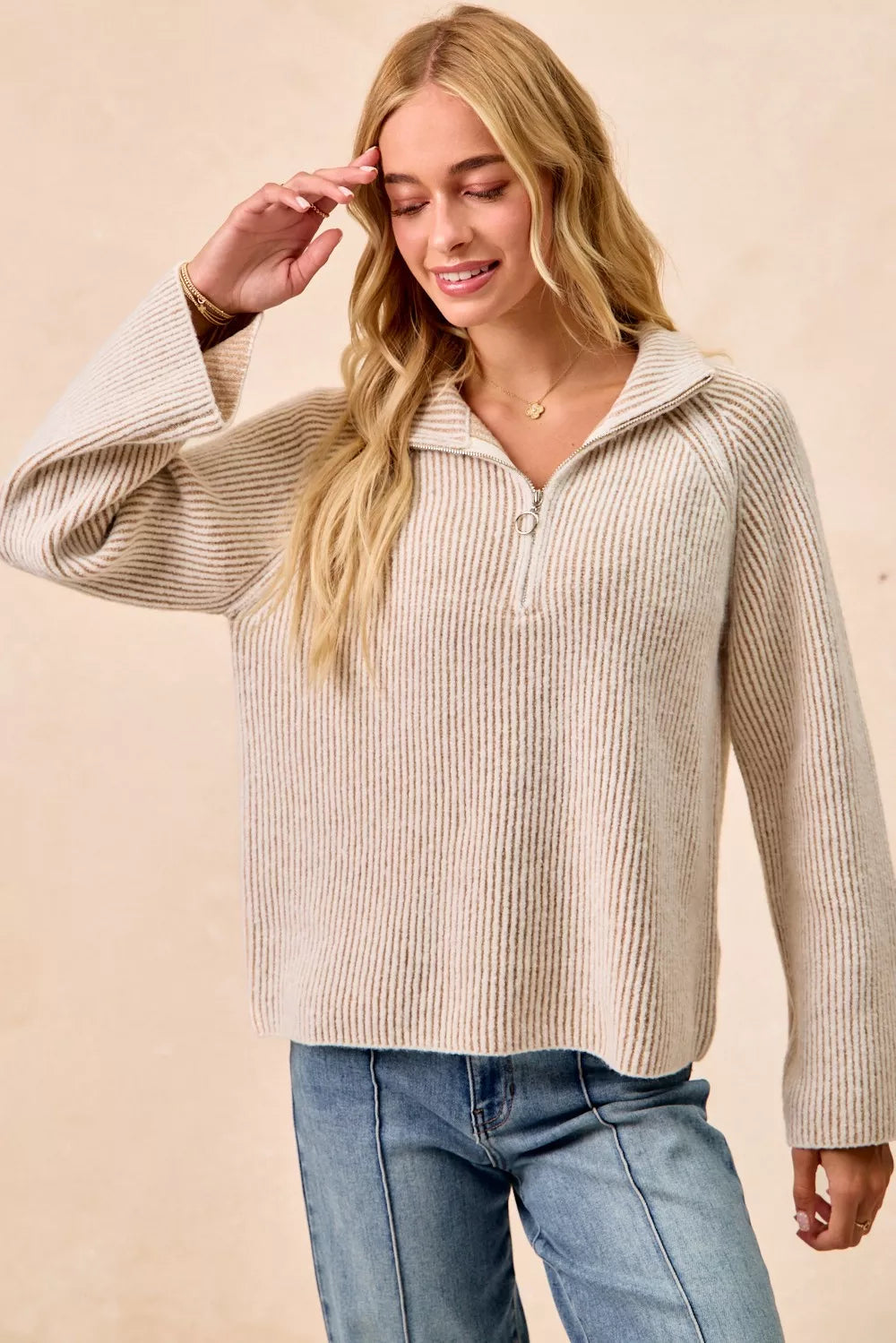 BiBi Two Tone Rib Texured Knit Collared Top with Zip Up - Godess beauty  #