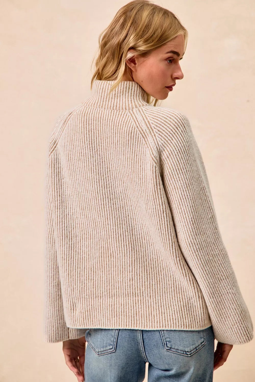 BiBi Two Tone Rib Texured Knit Collared Top with Zip Up - Godess beauty  #