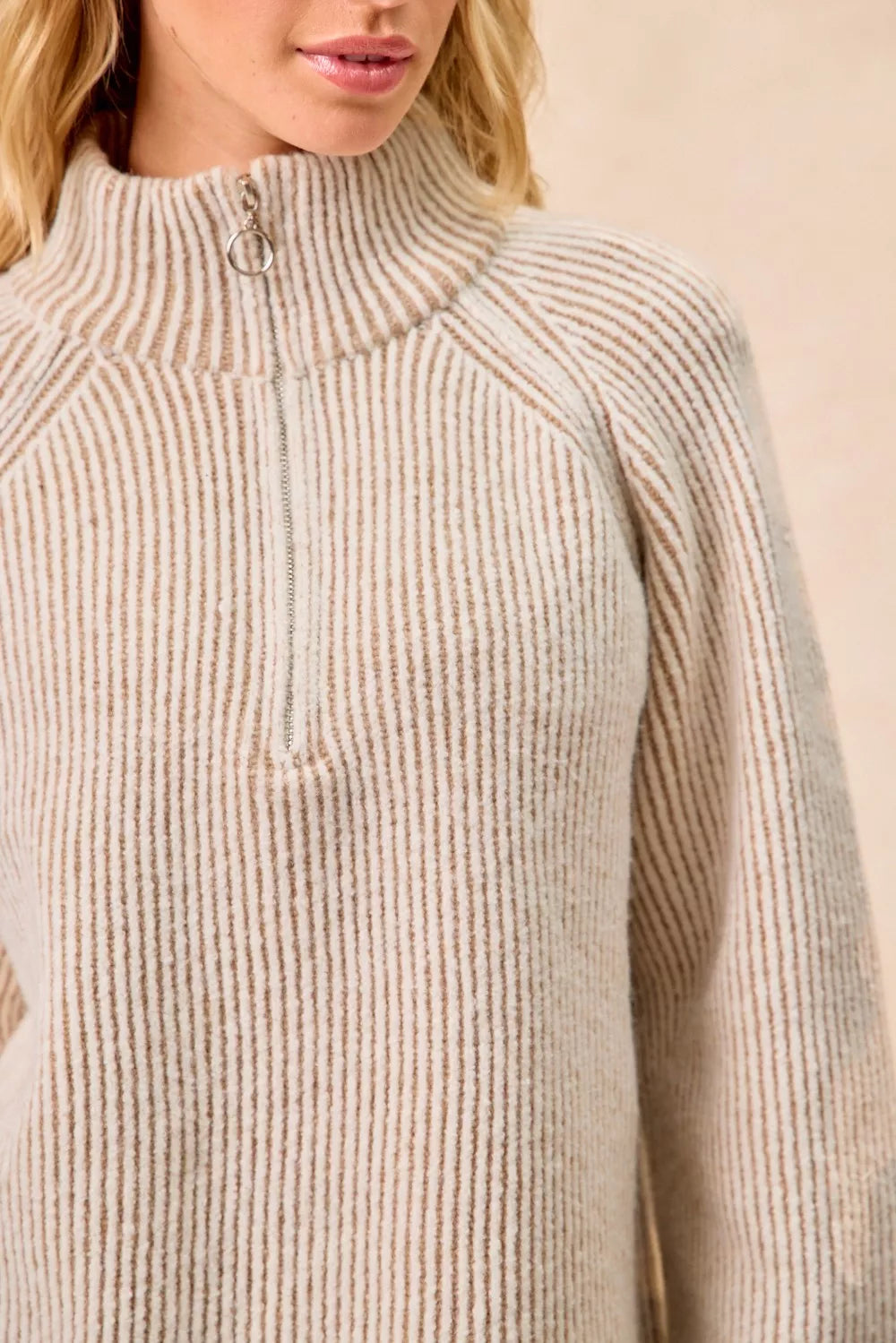 BiBi Two Tone Rib Texured Knit Collared Top with Zip Up - Godess beauty  #