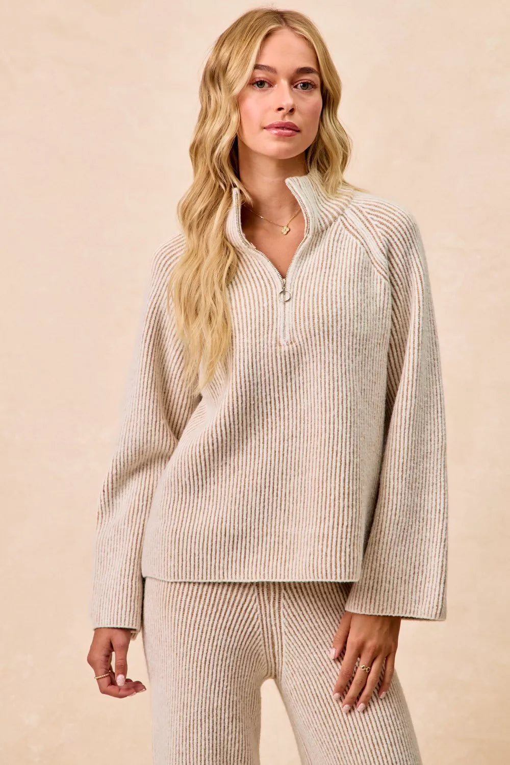 BiBi Two Tone Rib Texured Knit Collared Top with Zip Up - Godess beauty  #