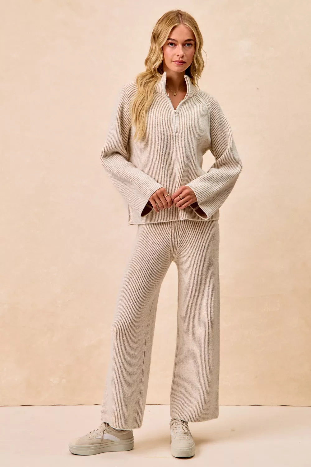 BiBi Two Tone Rib Texured Knit Collared Top with Zip Up - Godess beauty  #