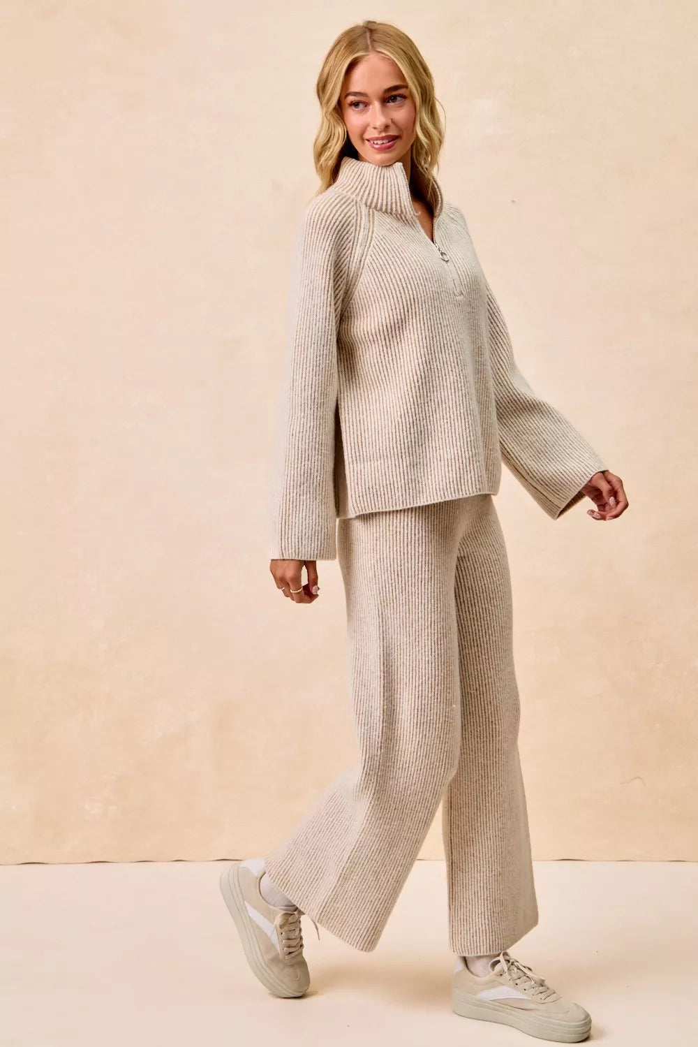BiBi Two Tone Rib Texured Knit Collared Top with Zip Up - Godess beauty  #