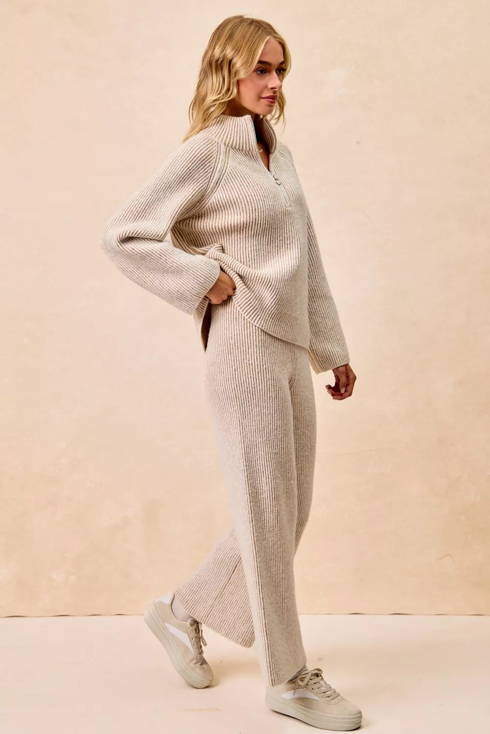 BiBi Two Tone Rib Texured Knit Collared Top with Zip Up - Godess beauty  #