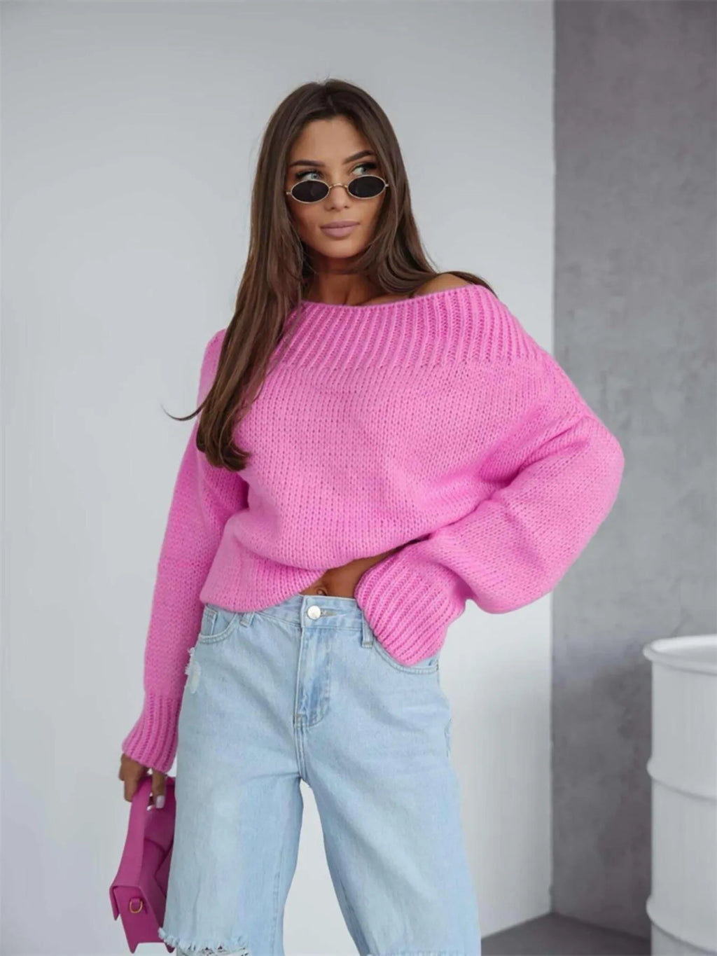 Boat Neck Drop Shoulder Sweater - Godess Beauty  #
