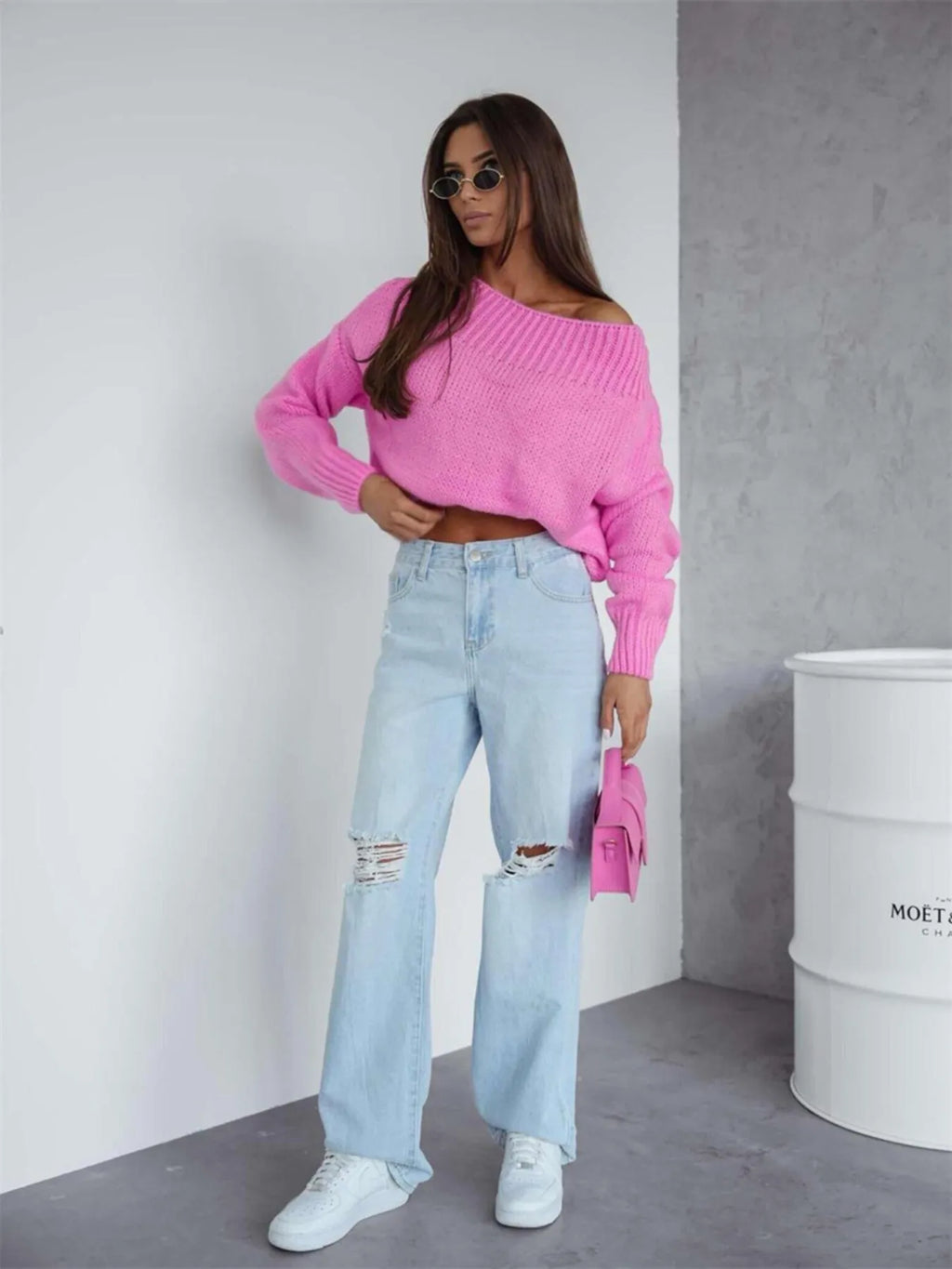 Boat Neck Drop Shoulder Sweater - Godess Beauty  #