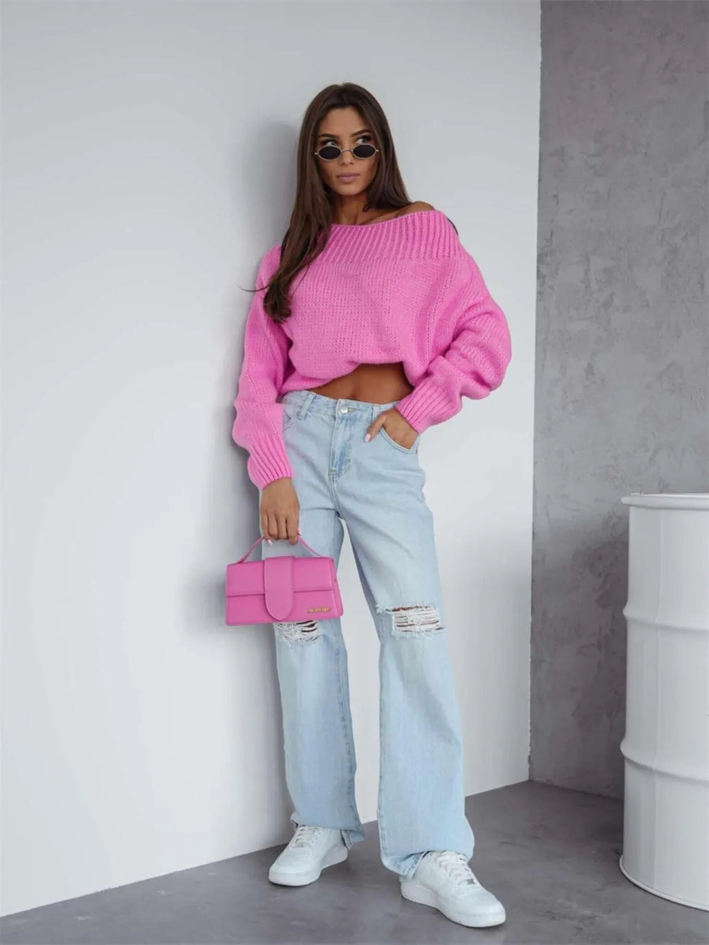 Boat Neck Drop Shoulder Sweater - Godess Beauty  #