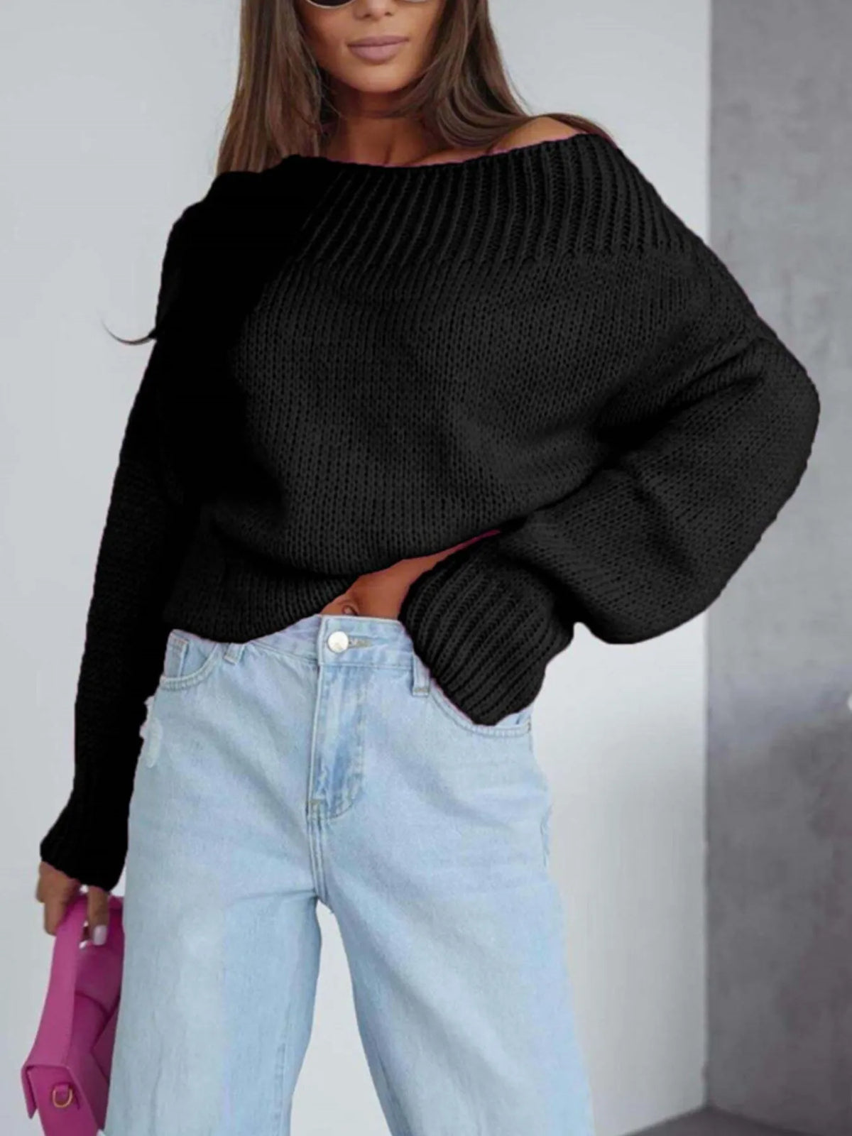 Boat Neck Drop Shoulder Sweater - Godess Beauty  #