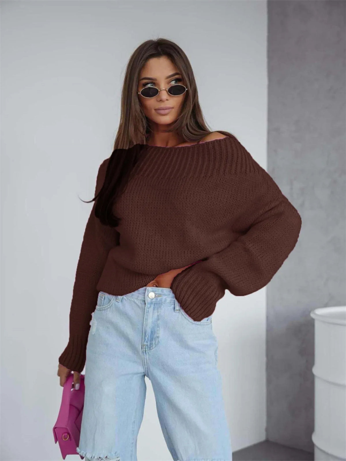 Boat Neck Drop Shoulder Sweater - Godess Beauty  #