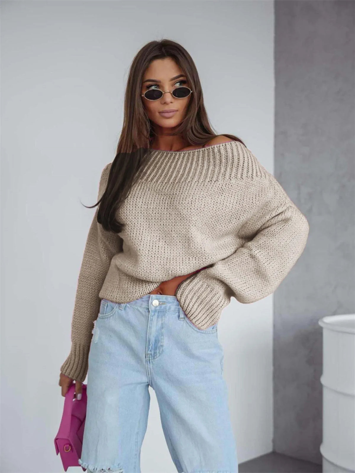 Boat Neck Drop Shoulder Sweater - Godess Beauty  #