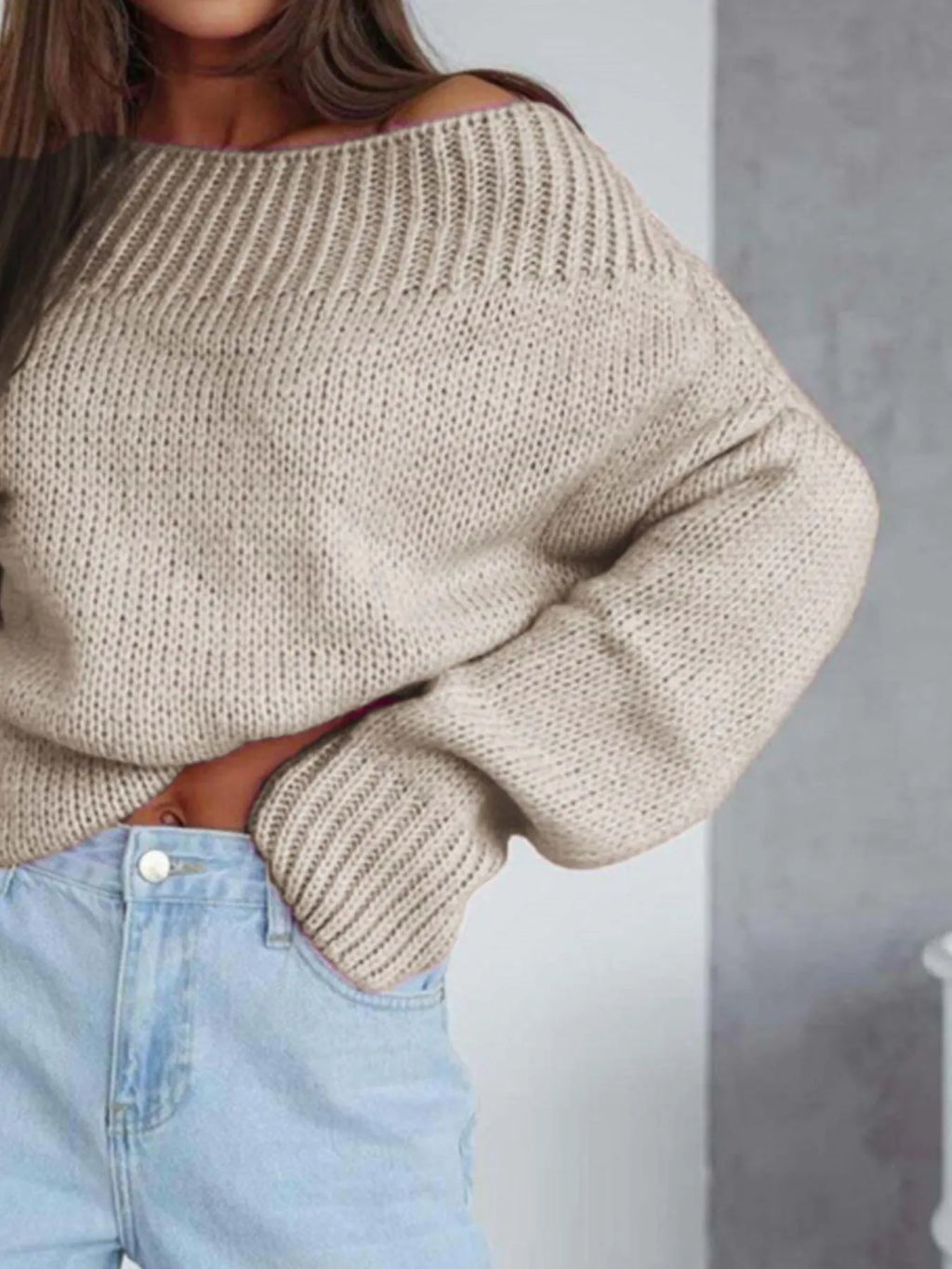 Boat Neck Drop Shoulder Sweater - Godess Beauty  #