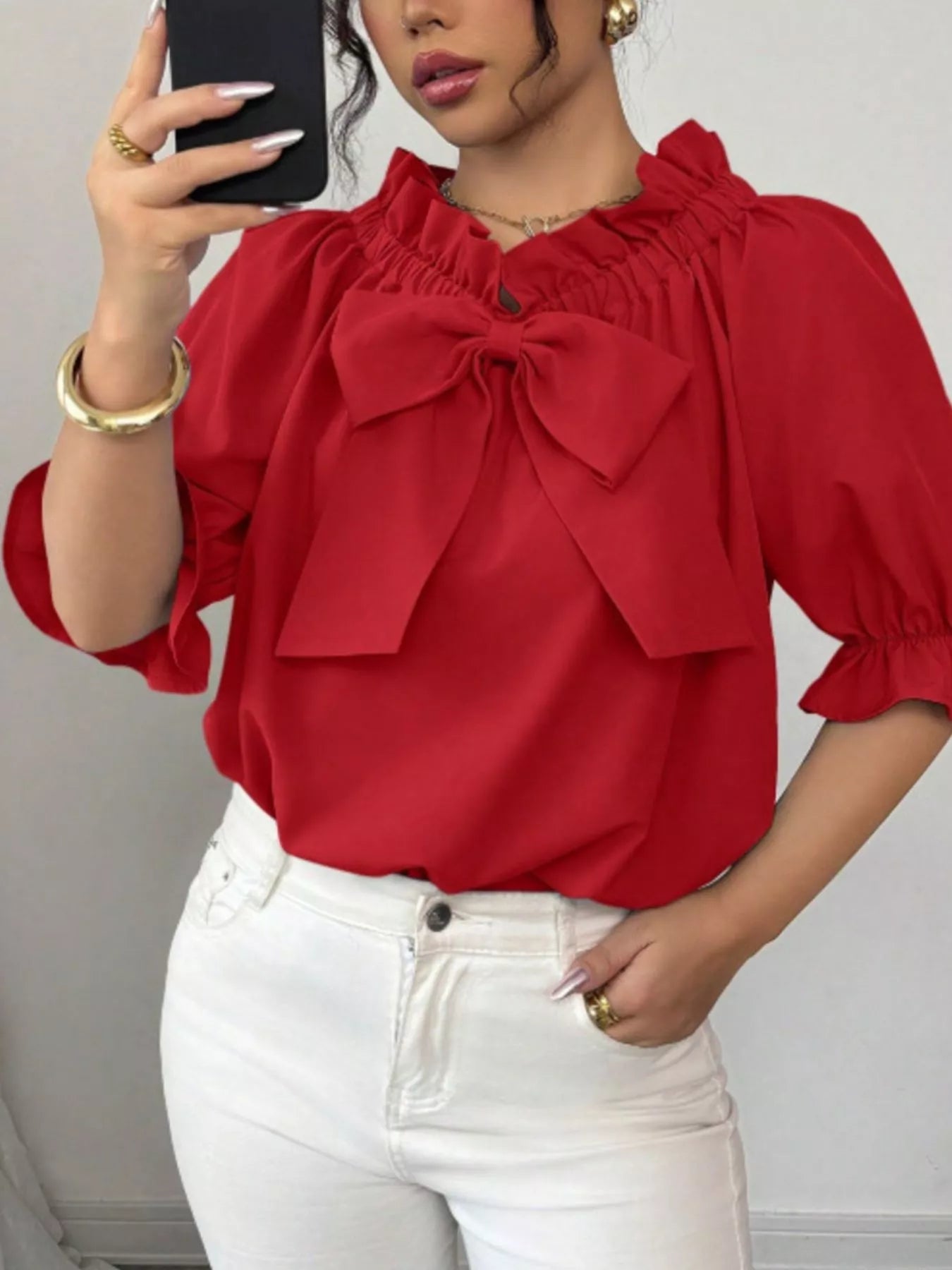 Bow Flounce Sleeve Blouse - Godess beauty  #