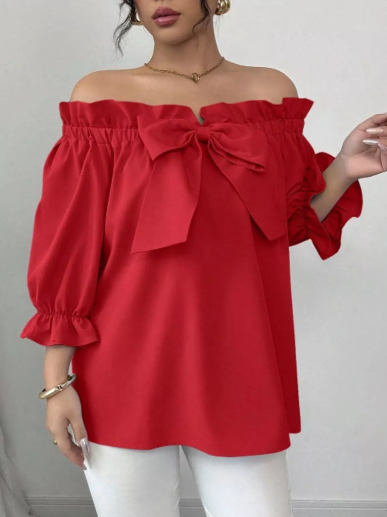 Bow Flounce Sleeve Blouse - Godess beauty  #