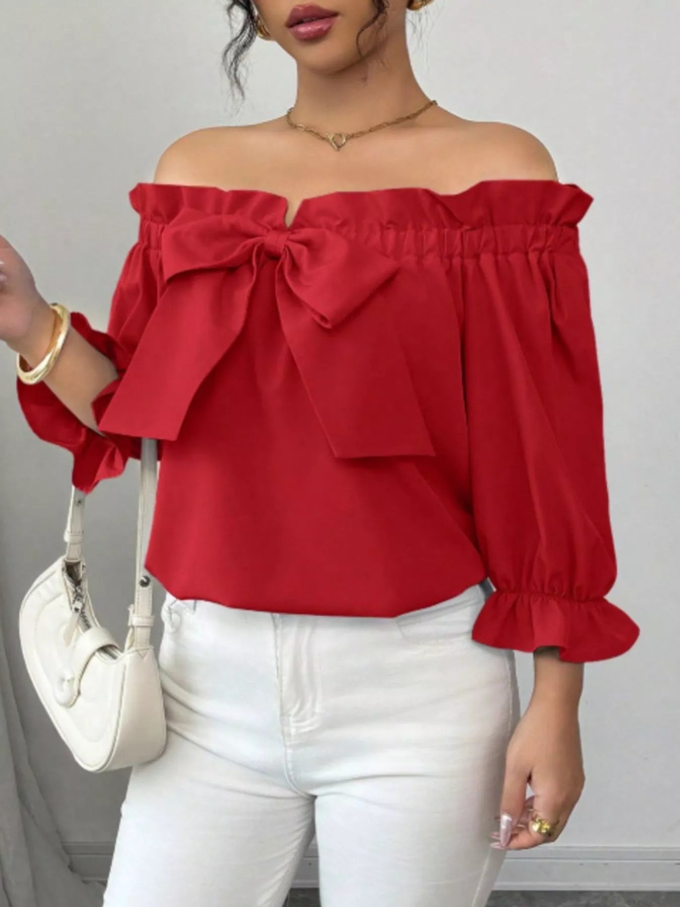 Bow Flounce Sleeve Blouse - Godess beauty  #