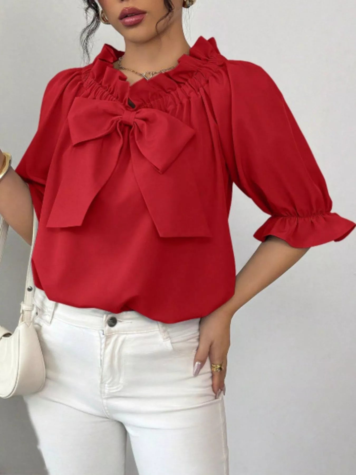 Bow Flounce Sleeve Blouse - Godess beauty  #