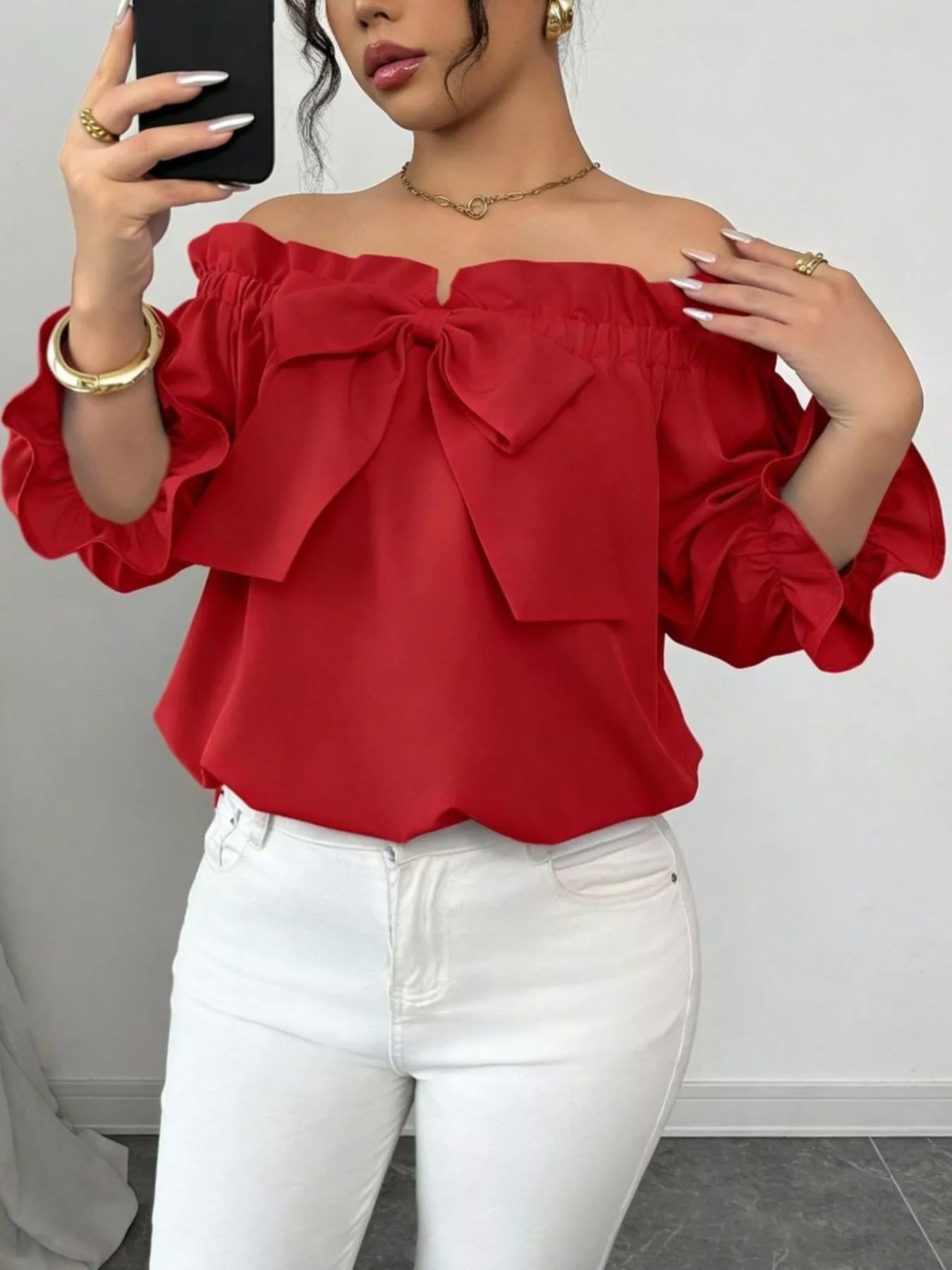 Bow Flounce Sleeve Blouse - Godess beauty  #