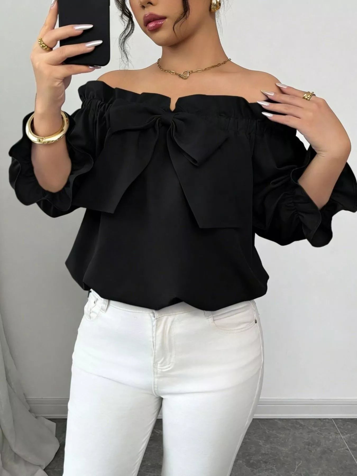 Bow Flounce Sleeve Blouse - Godess beauty  #