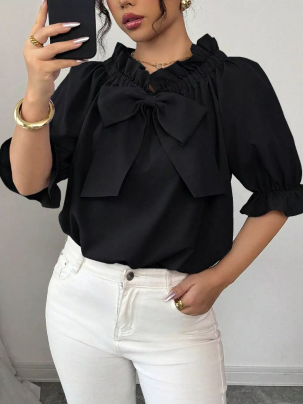 Bow Flounce Sleeve Blouse - Godess beauty  #