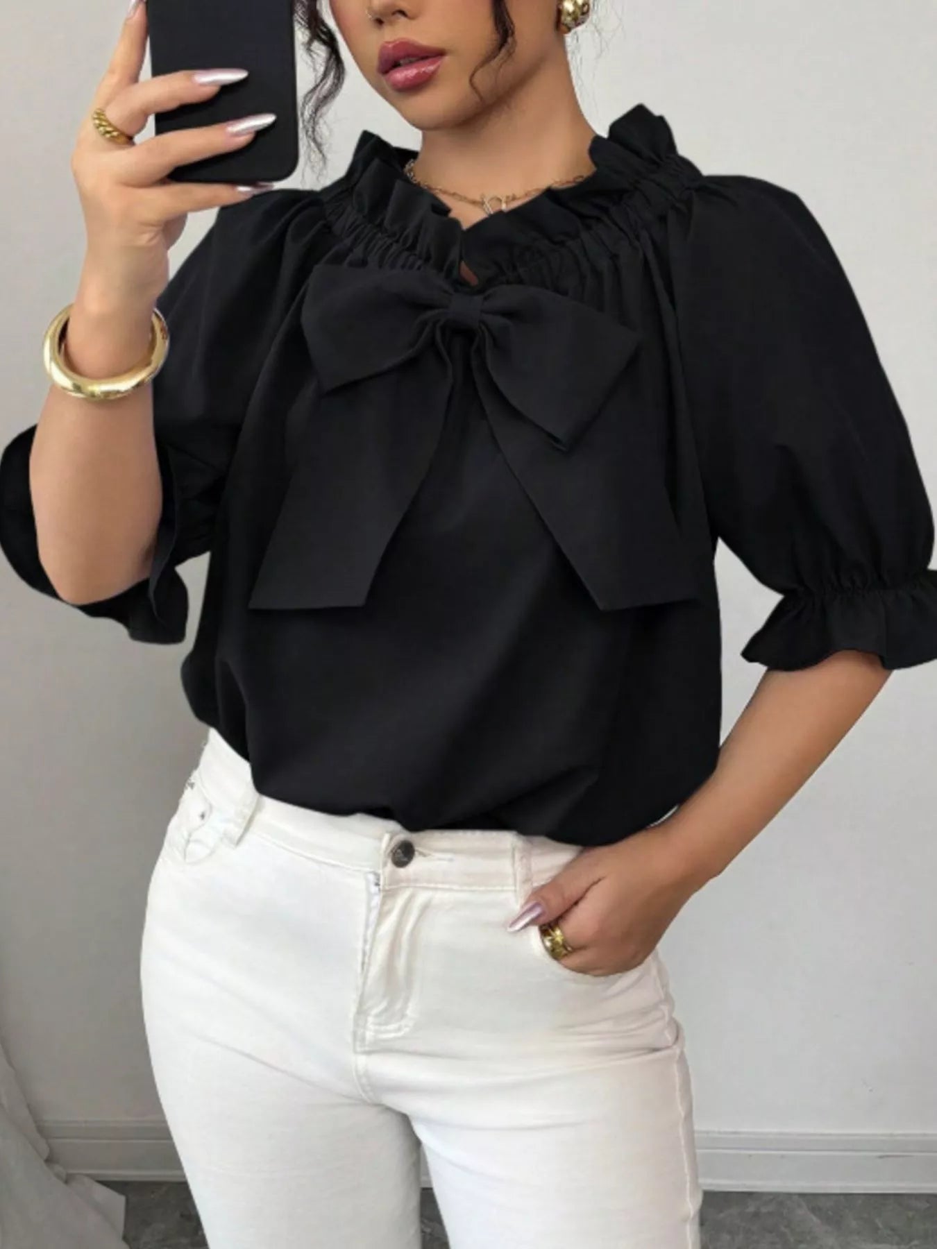 Bow Flounce Sleeve Blouse - Godess beauty  #