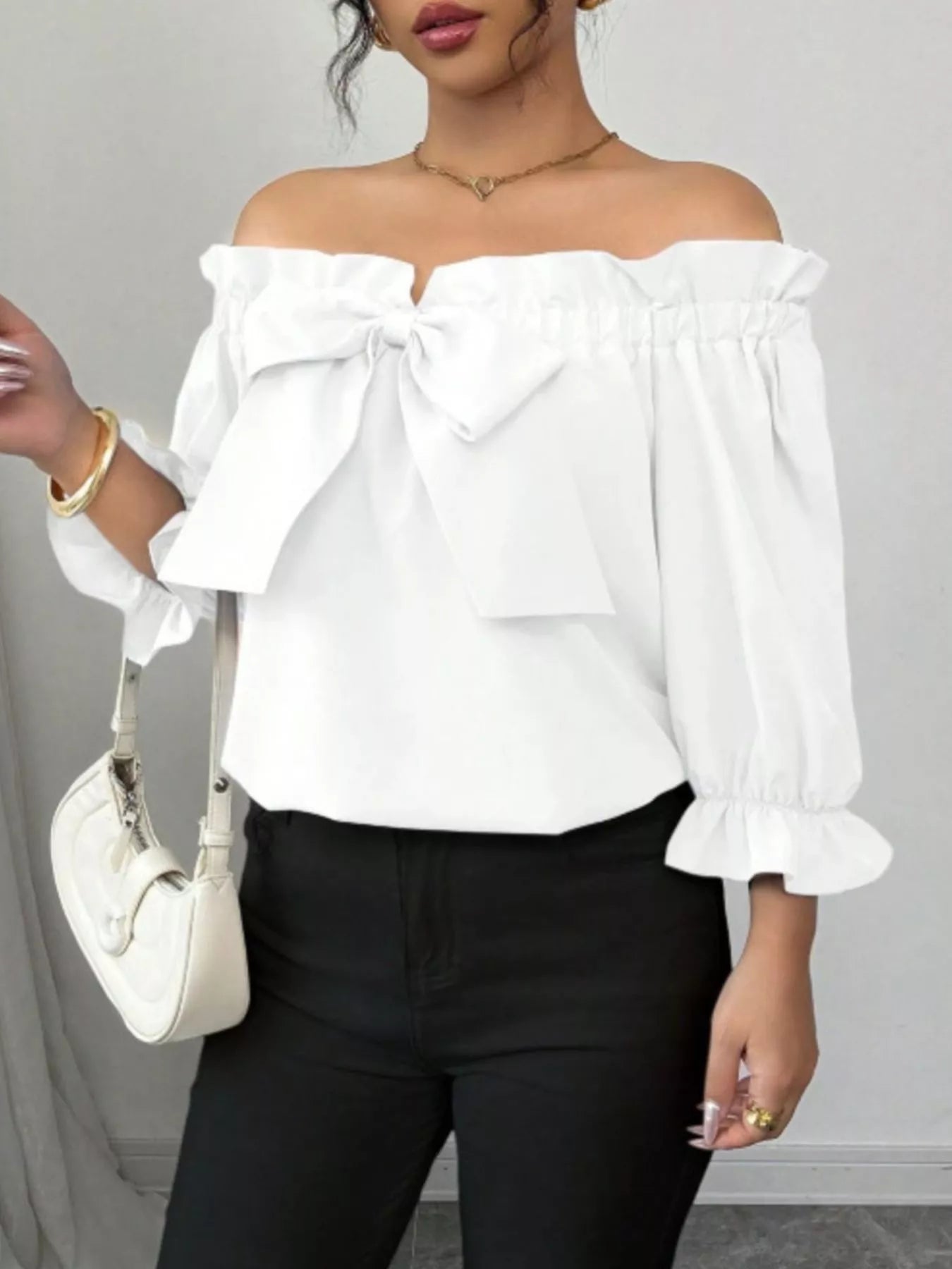 Bow Flounce Sleeve Blouse - Godess beauty  #