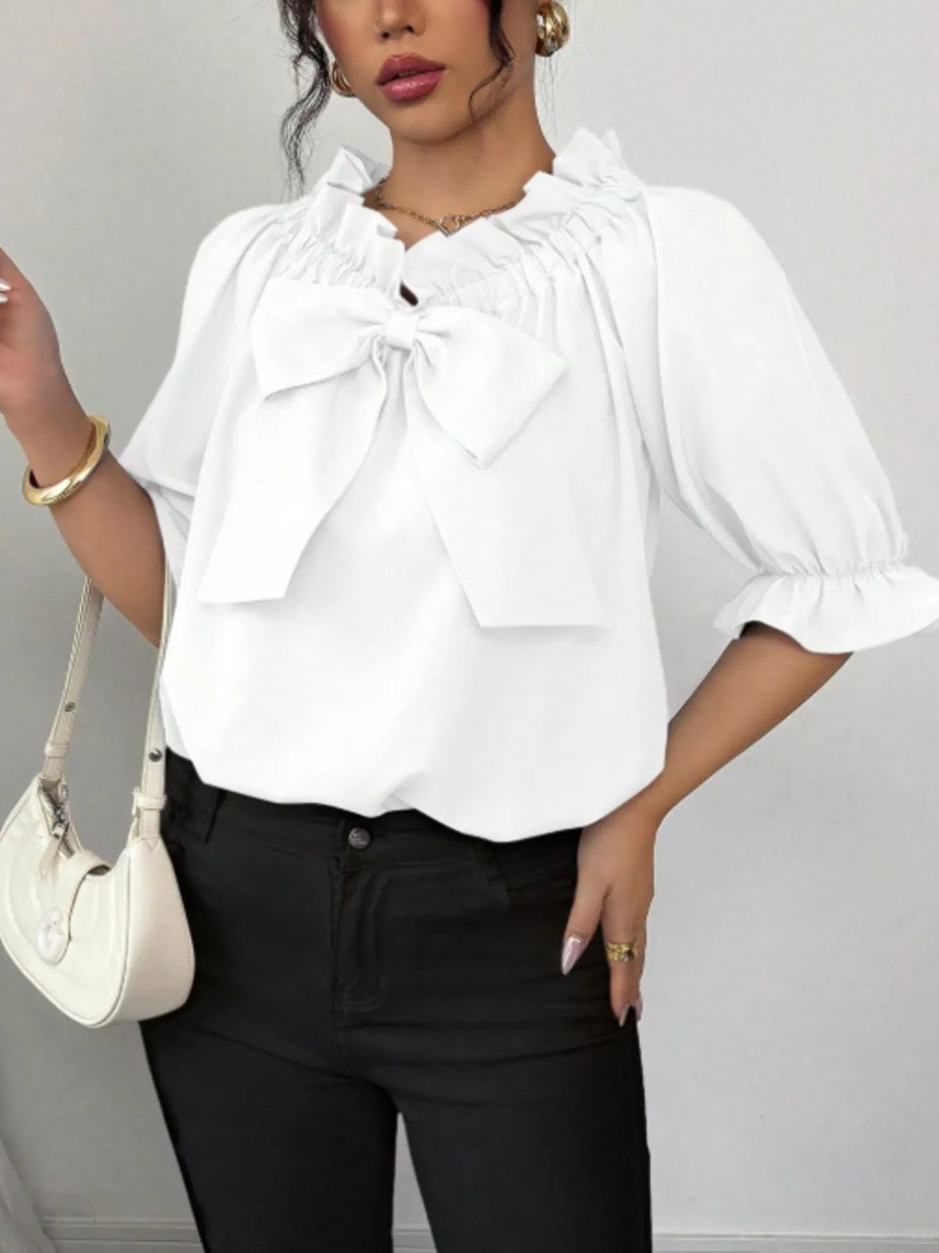 Bow Flounce Sleeve Blouse - Godess beauty  #